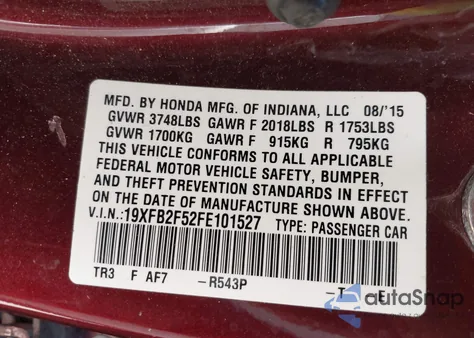 2015 Honda Civic Lx из США, поврежденный, VIN 19XFB2F52FE101527